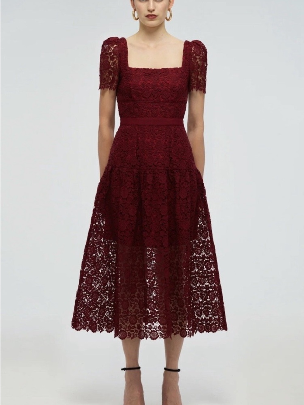 Self-Portrait Burgundy Guipure Lace Midi Dress